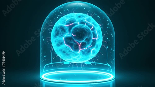 Glowing Cyan Energy Sphere with Pulsating Pink Filaments Encased in a Transparent Dome on a Dark Background with Subtle Light Particles