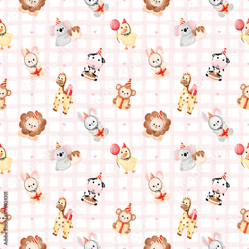 Watercolor Cute Animal Birthday Party Seamless Pattern, Baby Shower Safari Celebration Background for Nursery Fabric and Paper