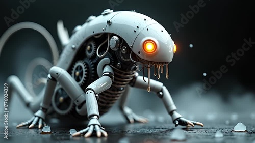 Intricate Mechanical Insect Creature With Glowing Orange Eyes And Dripping Mouth On Dark Textured Surface With Smoke Effects