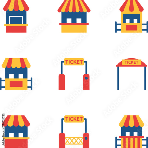 Collection of colorful flat design icons depicting various ticket booths and entry gates for events or amusement parks.