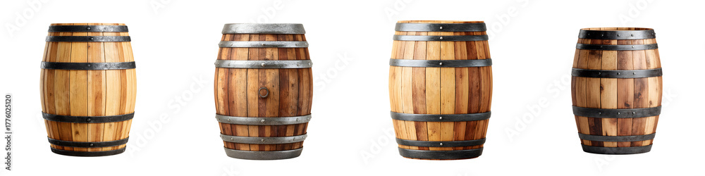 Fototapeta premium Collection of Wooden Wine Barrels, Isolated on White Background