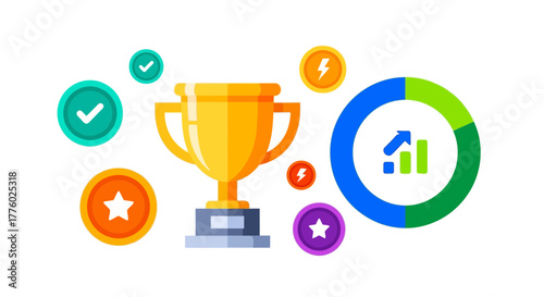 Golden trophy award surrounded by icons of success, rewards, and growth analytics.