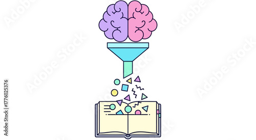 Conceptual illustration of knowledge transfer from brain through a funnel into a book.