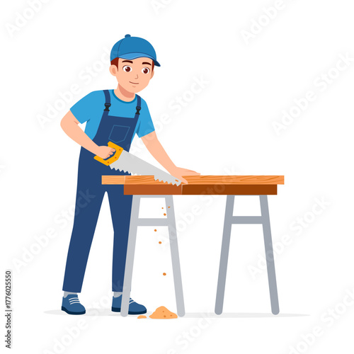 Young Carpenter Sawing Wood with Happy Expression in Illustration Style Design