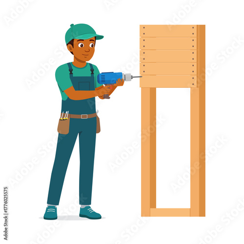 African American Man Using Power Drill on Wood Construction Project Indoors Smiling