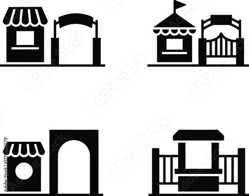 Four black and white icons depicting various fairground or event entrance booths and gates, suggesting ticket sales or admission points.