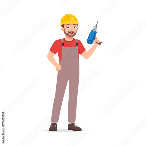 Young Man Holding Drill Smiling Wearing Hard Hat and Overalls Ready to Work