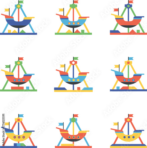 Collection of flat vector illustrations depicting various colorful pirate ship amusement park rides on a white background.