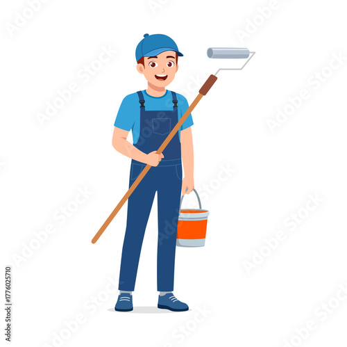Happy Caucasian Man Painter Holding Roller and Bucket Wearing Overalls Ready to Paint