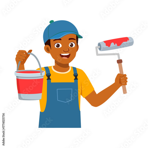 Happy African American Painter Holding Paint Bucket and Roller Ready to Paint