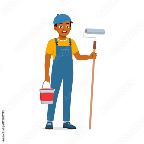 Happy African American Painter Holding Paint Roller and Bucket Smiling Occupation
