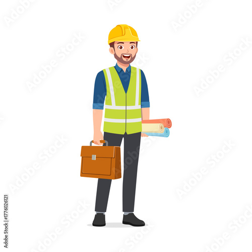 Cheerful Caucasian Construction Worker Holding Briefcase and Blueprints Standing Isolated