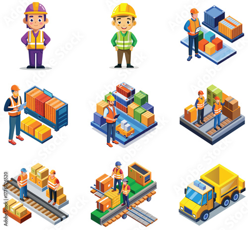 Isometric vector icon set of warehouse logistics and supply chain management with workers handling cargo and freight