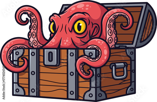 Cartoon octopus hiding in treasure chest, funny sea monster character, pirate adventure theme, marine animal illustration, fantasy ocean vector drawing