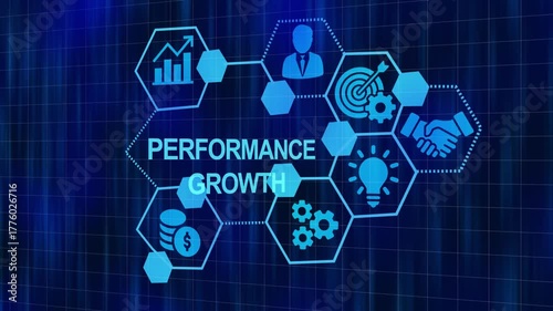Business performance growth concept with data visualization on blue digital background