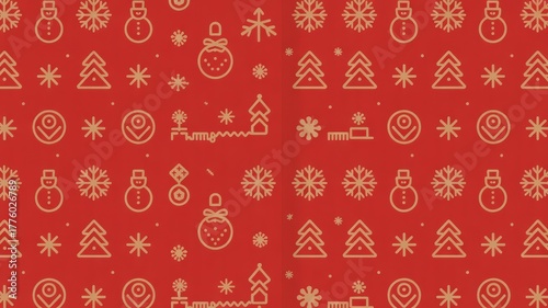 Golden christmas icons on a festive red background pattern