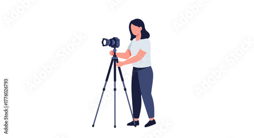 Photographer Setting Up Camera on Tripod - Vector Illustration