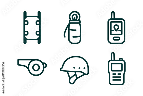 Emergency and outdoor equipment icons featuring whistle, helmet, water bottle, gps, radio, stretcher.