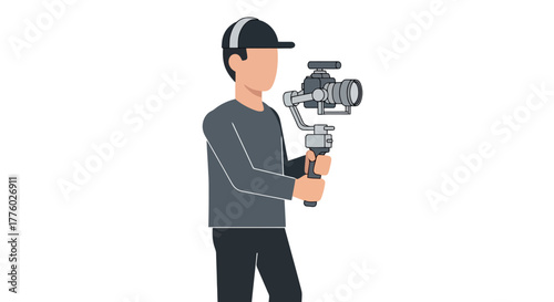 Videographer Stabilizing Camera - Vector Illustration