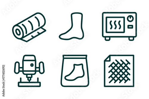 Household appliances and items icon set featuring kitchen and laundry symbols.