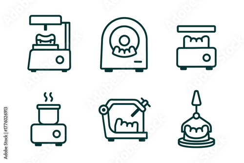 Dental equipment icons set: scanner, milling, 3d printer, sterilizer, cad/cam, instrument.