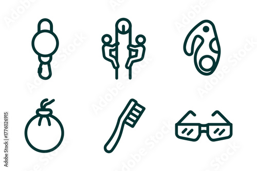 Simplistic icon set featuring key, tree climbing, parrot, ornament, toothbrush, glasses.
