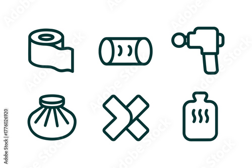 Icons of health and wellness: massage gun, ice pack, heat pad, bandage, and tape.