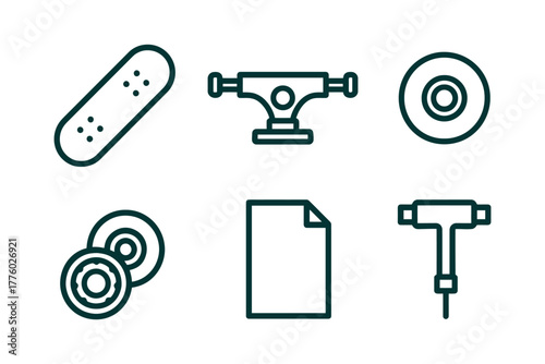 Skateboard components: deck, trucks, wheels, bearings, grip tape, t-tool icons.