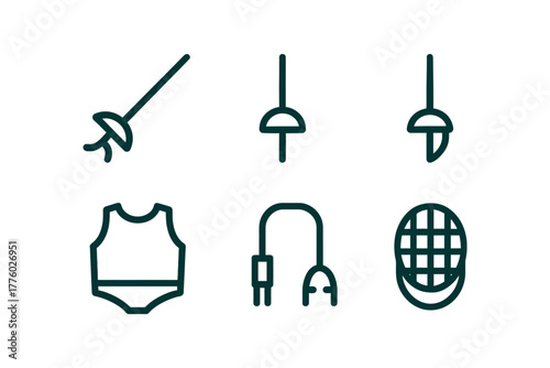 Fencing icon set: swords, gear, and equipment symbols in line art.