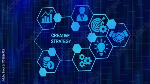 Creative strategy concept depicted with business and finance icons on a blue background