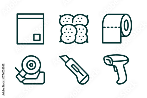 Collection of icons: packaging, cushion, toilet paper, tape dispenser, cutter, barcode scanner.