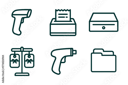 Minimalist icons of barcode scanner, receipt printer, cash drawer, scale, tag gun, and file folder.