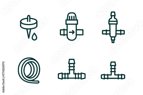 Set of irrigation equipment icons: dripper, filter, valve, hose, connector.