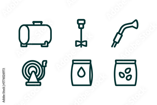 Farm equipment icons set: tank, mixer, nozzle, hose reel, seed bag, fertilizer bag.