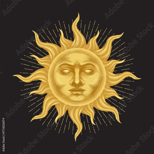 Mythical golden sun face with masculine expression
