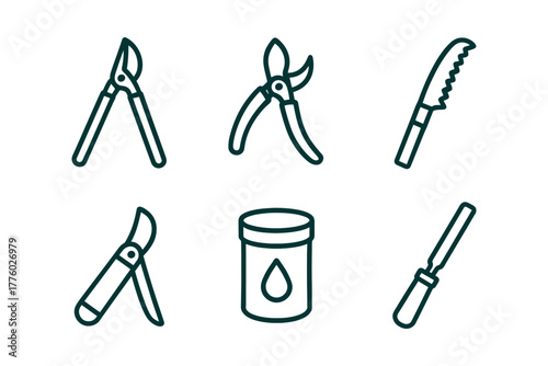 Gardening tools icons set: pruners, saw, jar, grafting knife for horticulture.