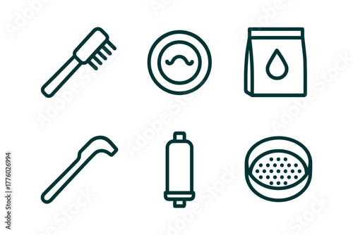 Minimalist pet care icons: brush, bowl, food bag, scraper, roller, sifter set.