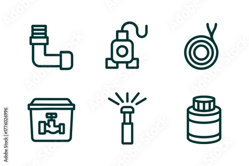 Plumbing icons set: pipe, valve, tape, box, sprinkler, filter.