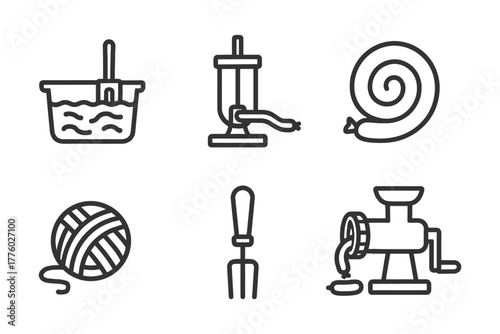 Minimalist line icons: sausage making tools and string ball.