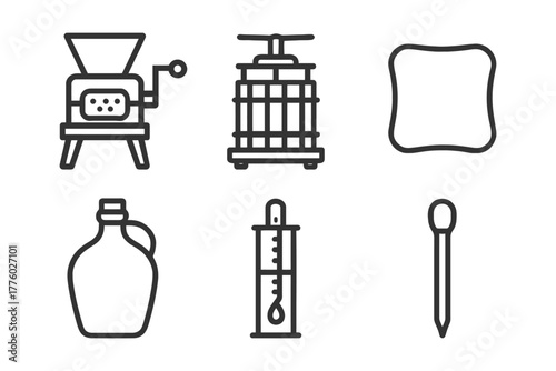 Cider making equipment icons: grinder, press, barrel, bottle, hydrometer, stopper.