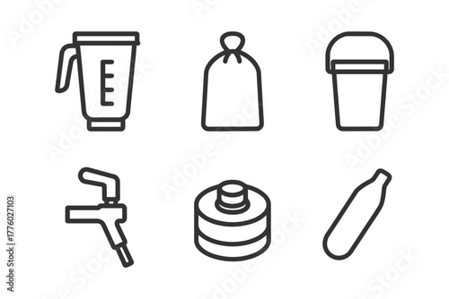 Household appliance and container outline icons set with blender and bottle.