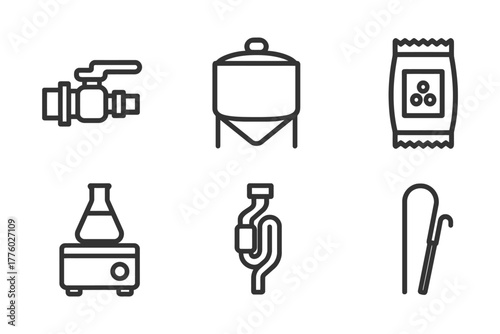 Industrial equipment icons set featuring valve, tank, and packaging.