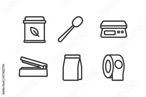 Kitchen tools outline: scale, spoon, container, wrap dispenser, bag, tape roll design.