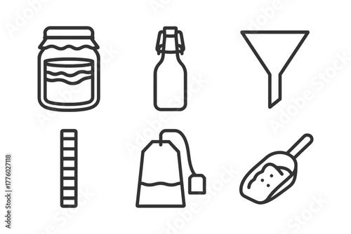 Outline icons of jar, bottle, funnel, ruler, tea bag, scoop on white background.