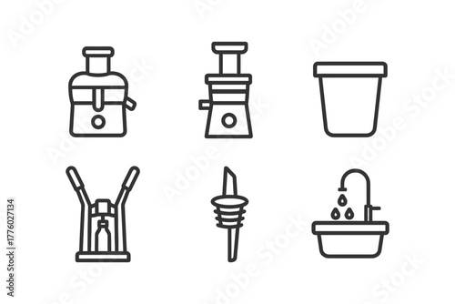Set of kitchen appliance icons: juicers, container, cork screw, water faucet.
