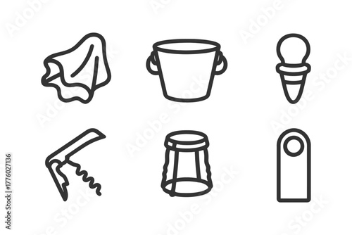 Simple line art icons of ice bucket, wine stopper, corkscrew, bottle, towel, door hanger.
