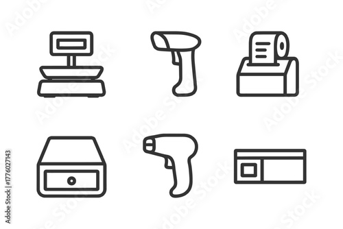 Set of line icons depicting retail equipment and devices.