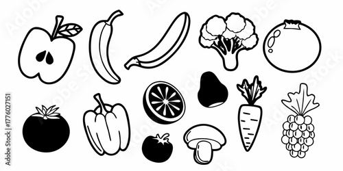 Illustration of a variety of fruits and vegetables in black and white outline drawing style art design