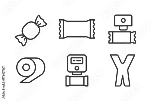 Minimalist candy wrapper and tape line icons in black and white.