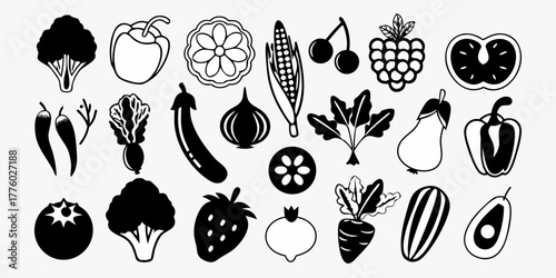 Illustration featuring a diverse collection of fresh vegetables and fruits in black and white style